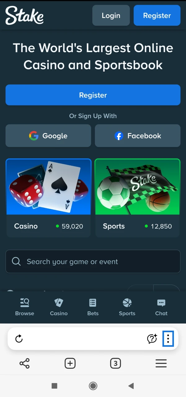 Open the menu to add the Stake app for Android.