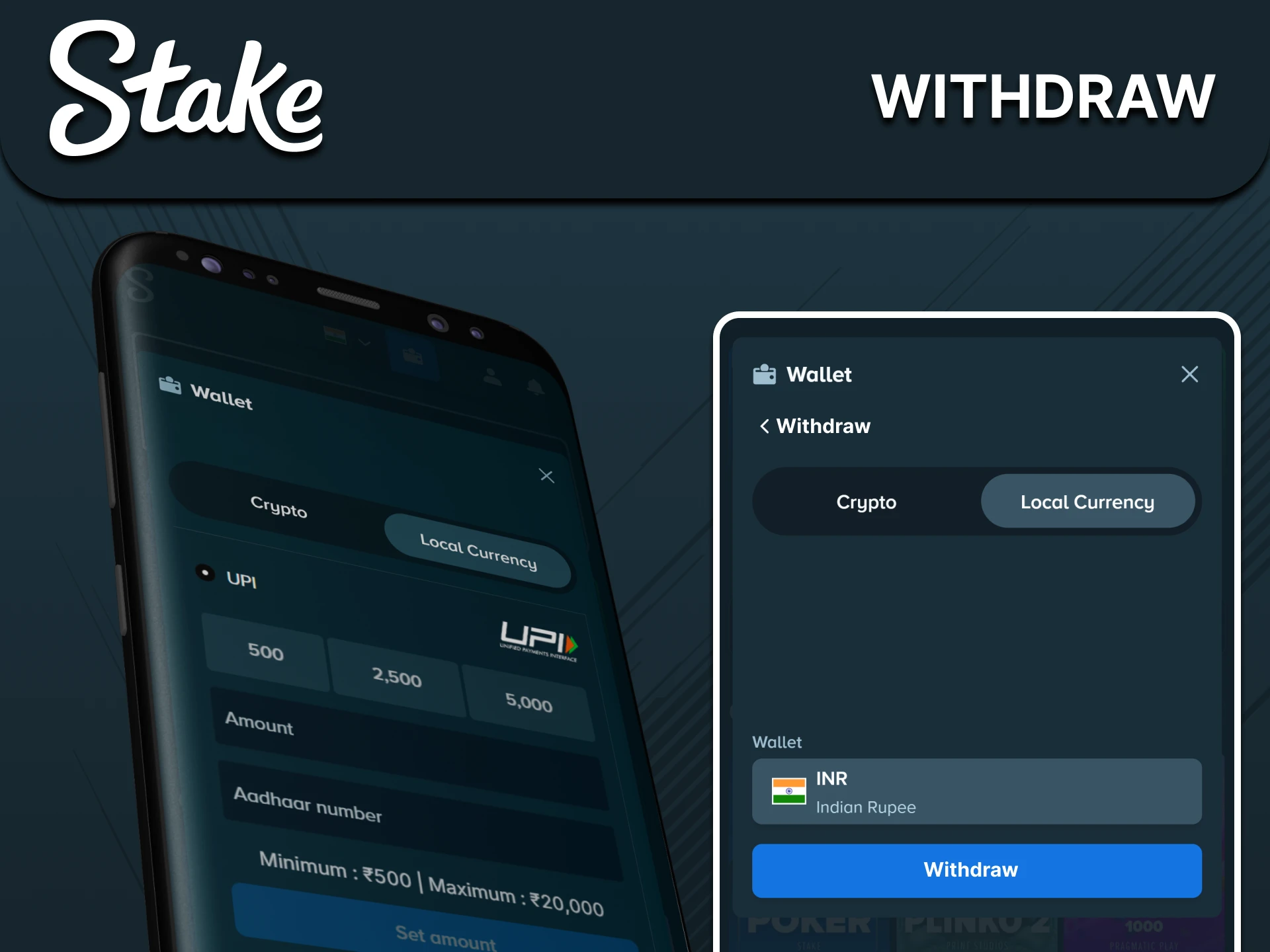 Fast withdrawal methods are available in the Stake app.