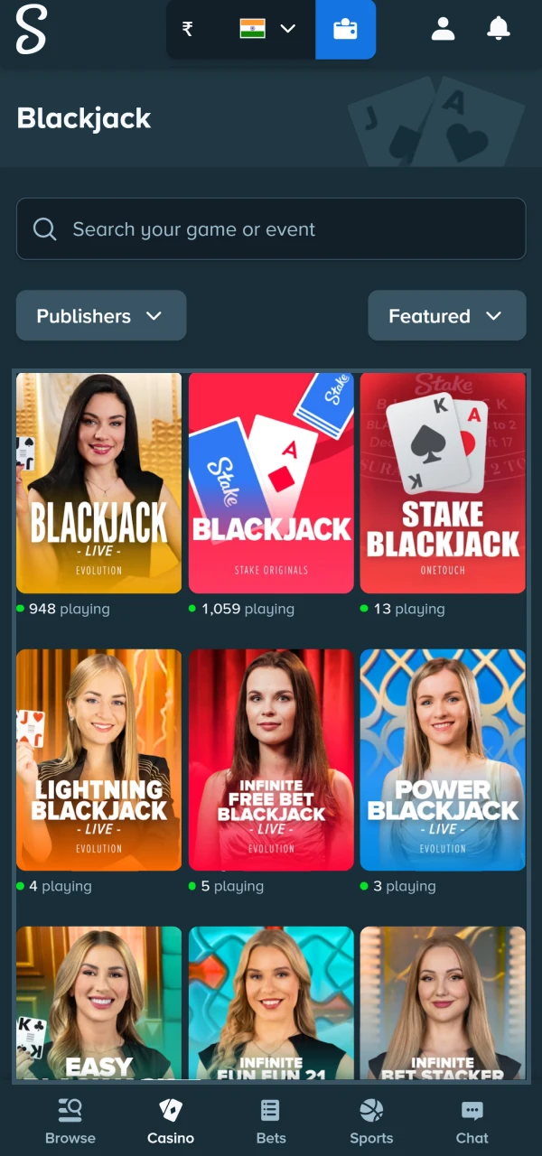 Choose one of the Blackjack games at Stake.
