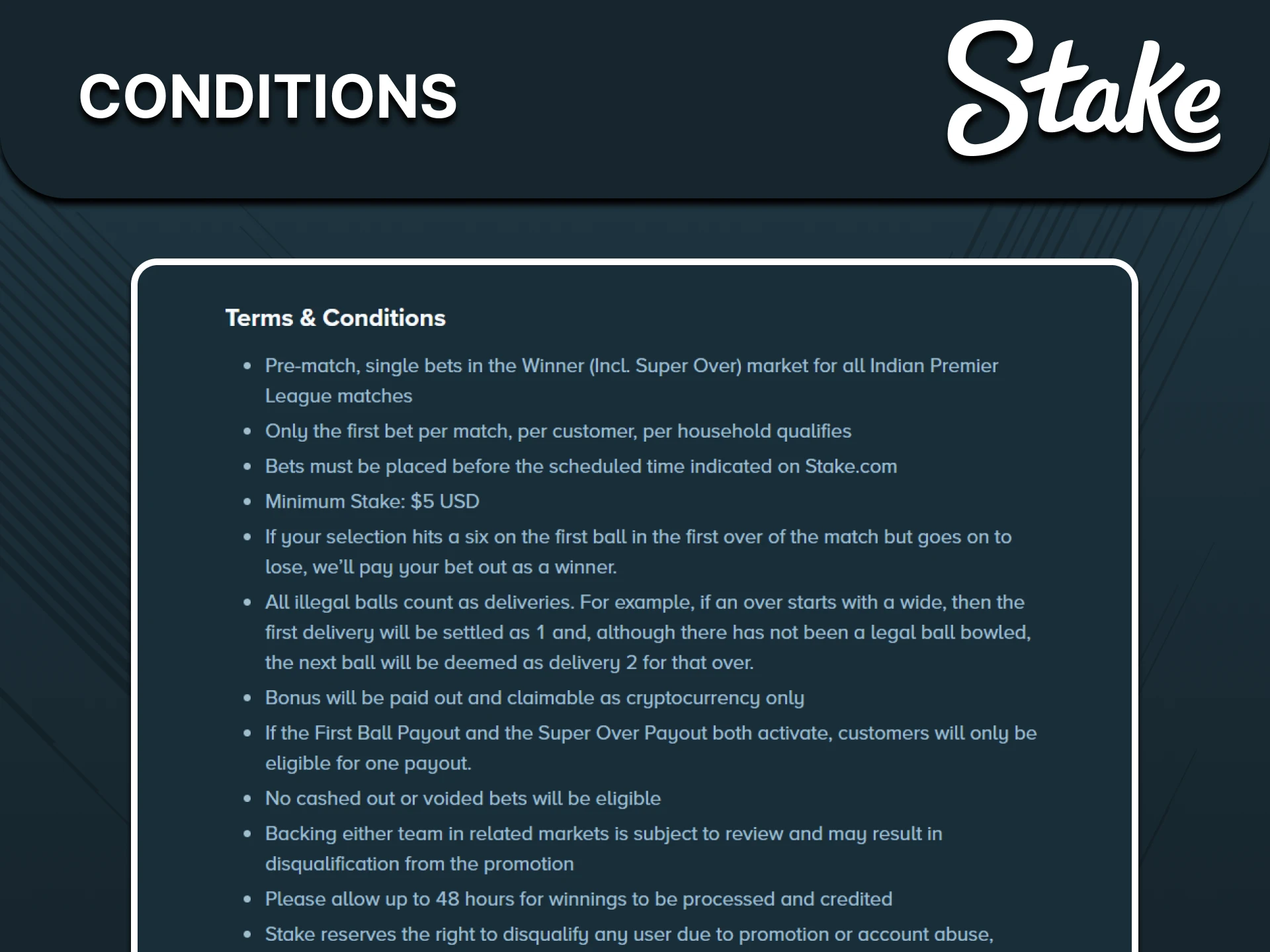 Please review the bonus terms and conditions before using it on Stake.