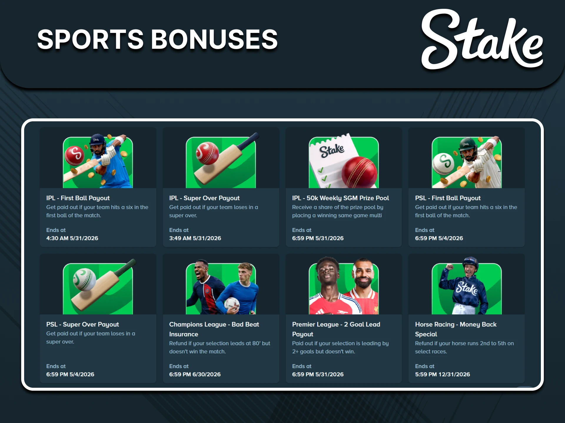 For sports betting, you will receive bonuses from Stake.