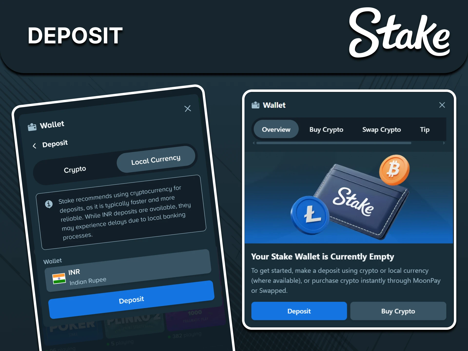 To play at Stake casino you need to top up your deposit.