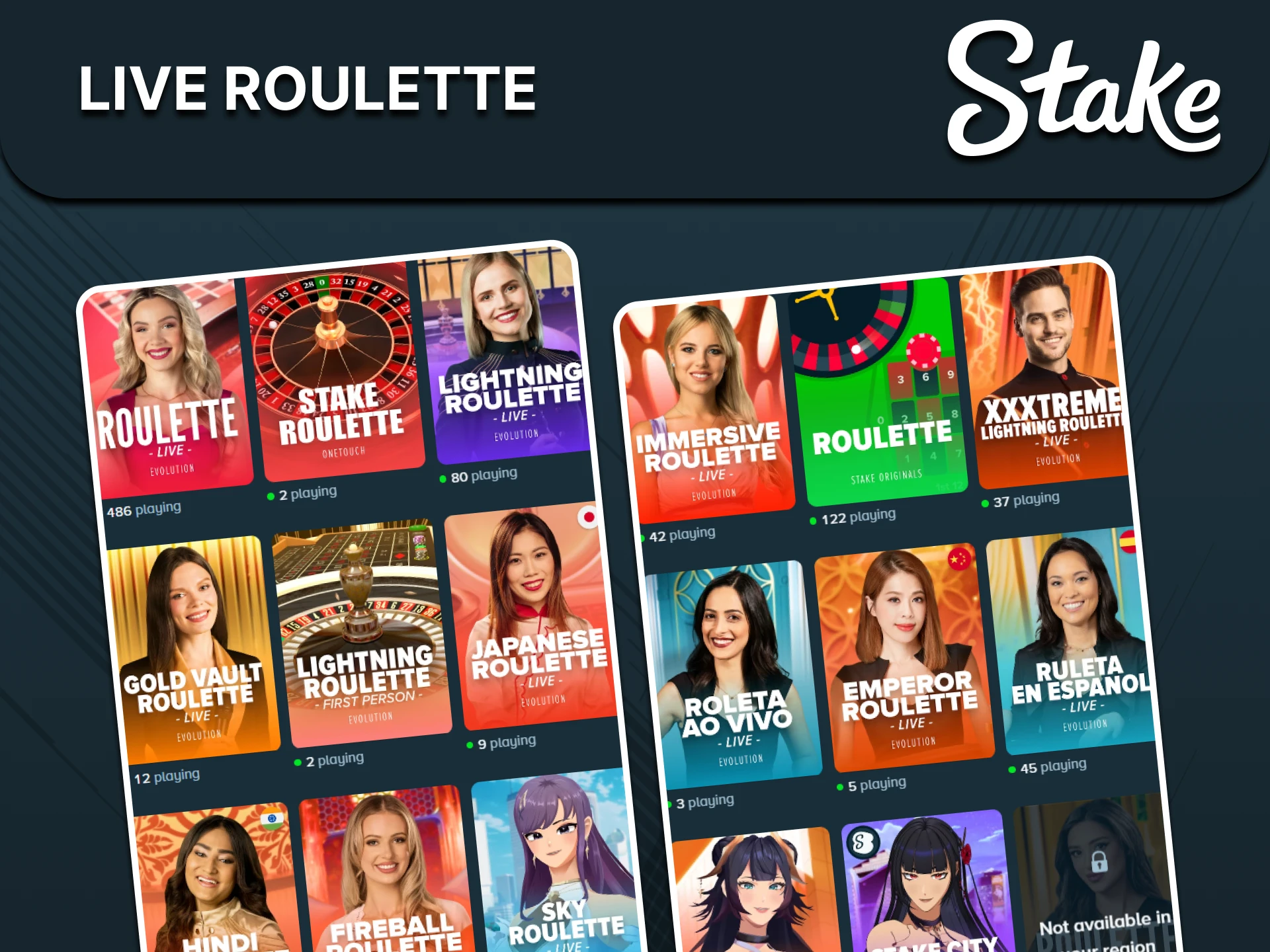 You can play live roulette at Stake Casino.