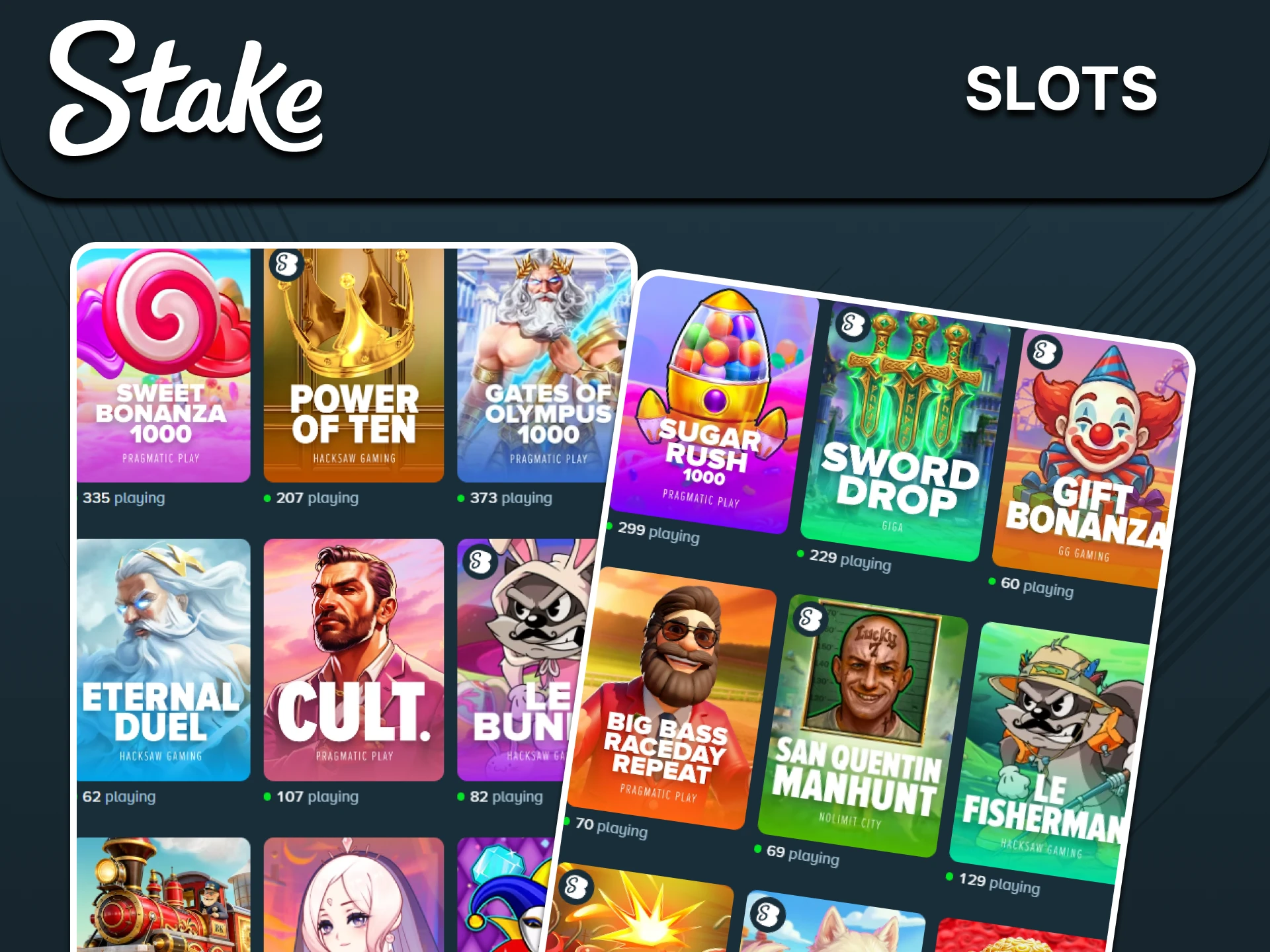 All types of slots are available at Stake casinos.