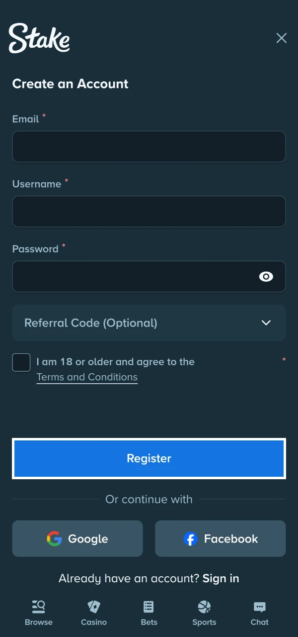 Register to play live casino at Stake.