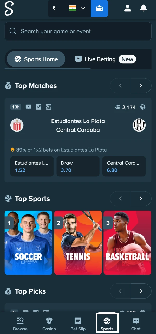 Select an event to bet on Stake.