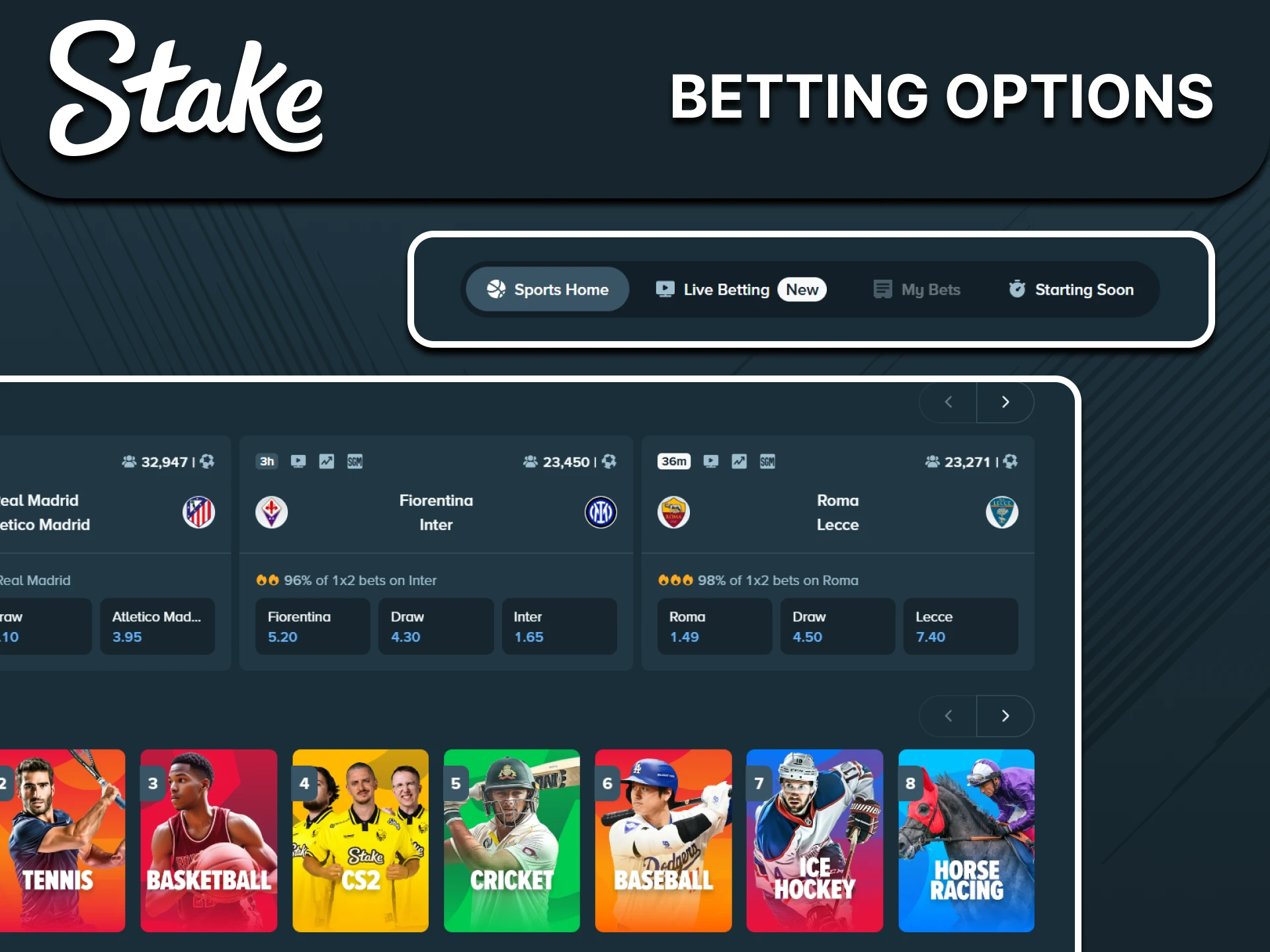 You will find a wide selection of bets on the Stake website.
