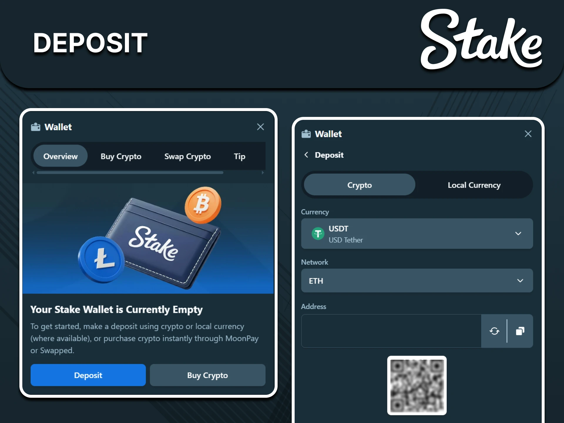 Top up your deposit using a convenient method on the Stake website.