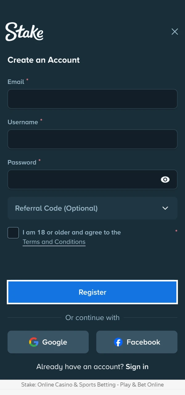 Complete your registration on Stake.