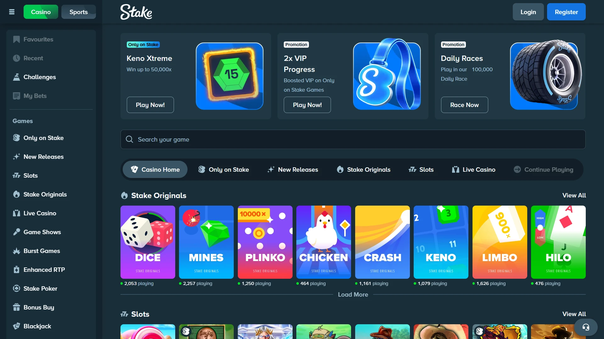 On the Stake website you will find a casino section.