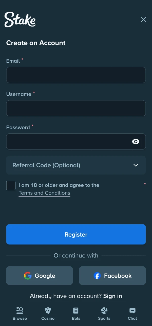 To play Slots you need to register on Stake.