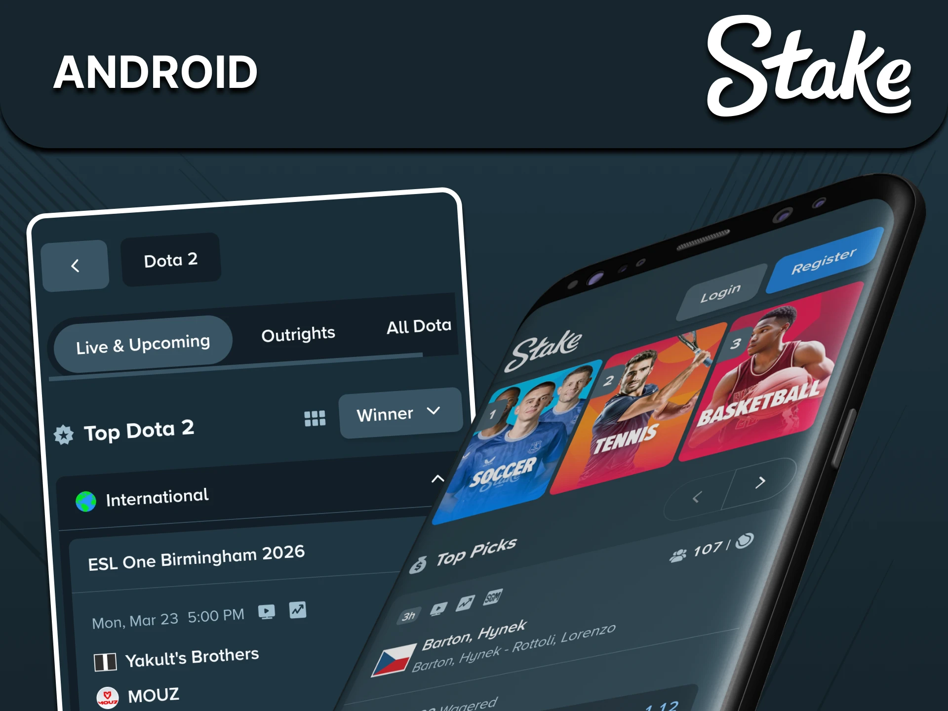 Place sports bets with the Stake app for Android.