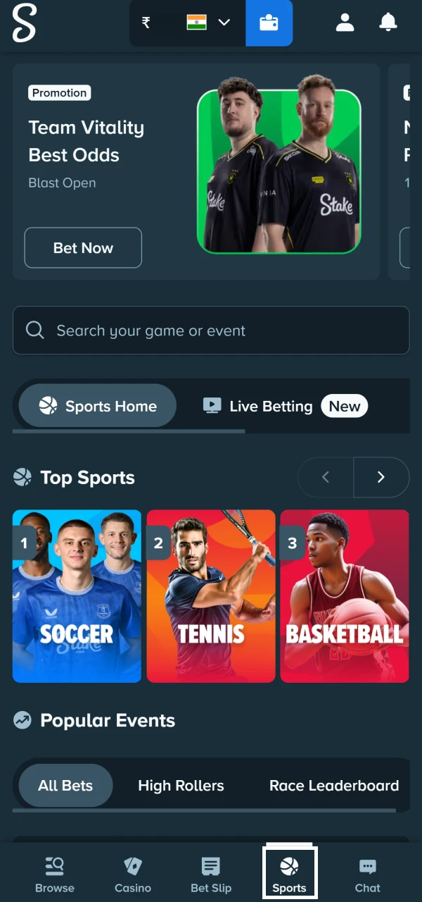 Select an event for sports betting on Stake.