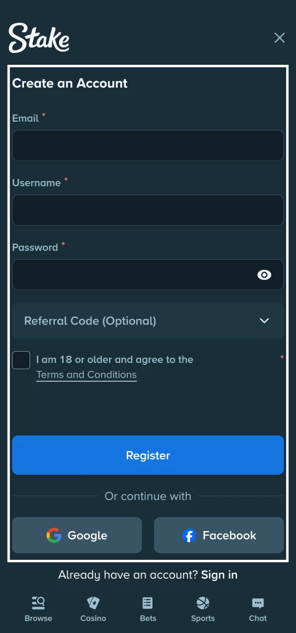 Register for sports betting at Stake.