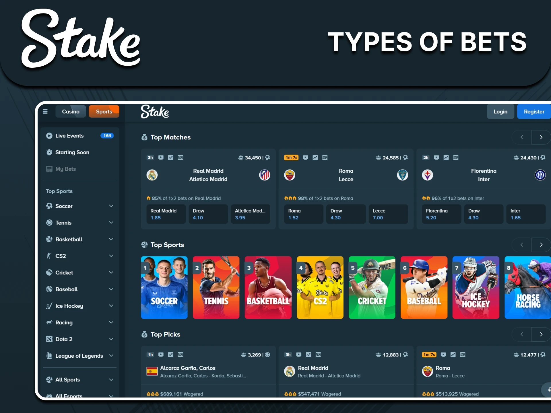 You will find various types of sports bets at Stake.