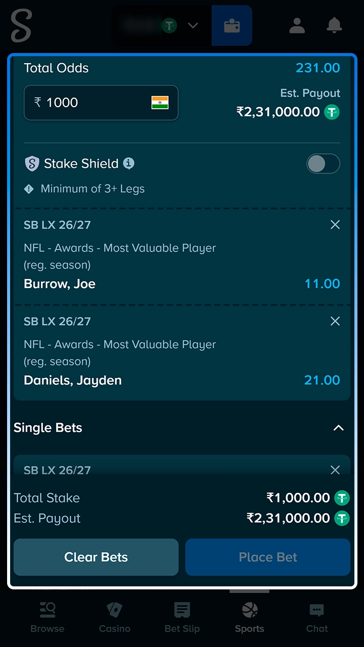 Finalizing your American football wager on the Stake site.