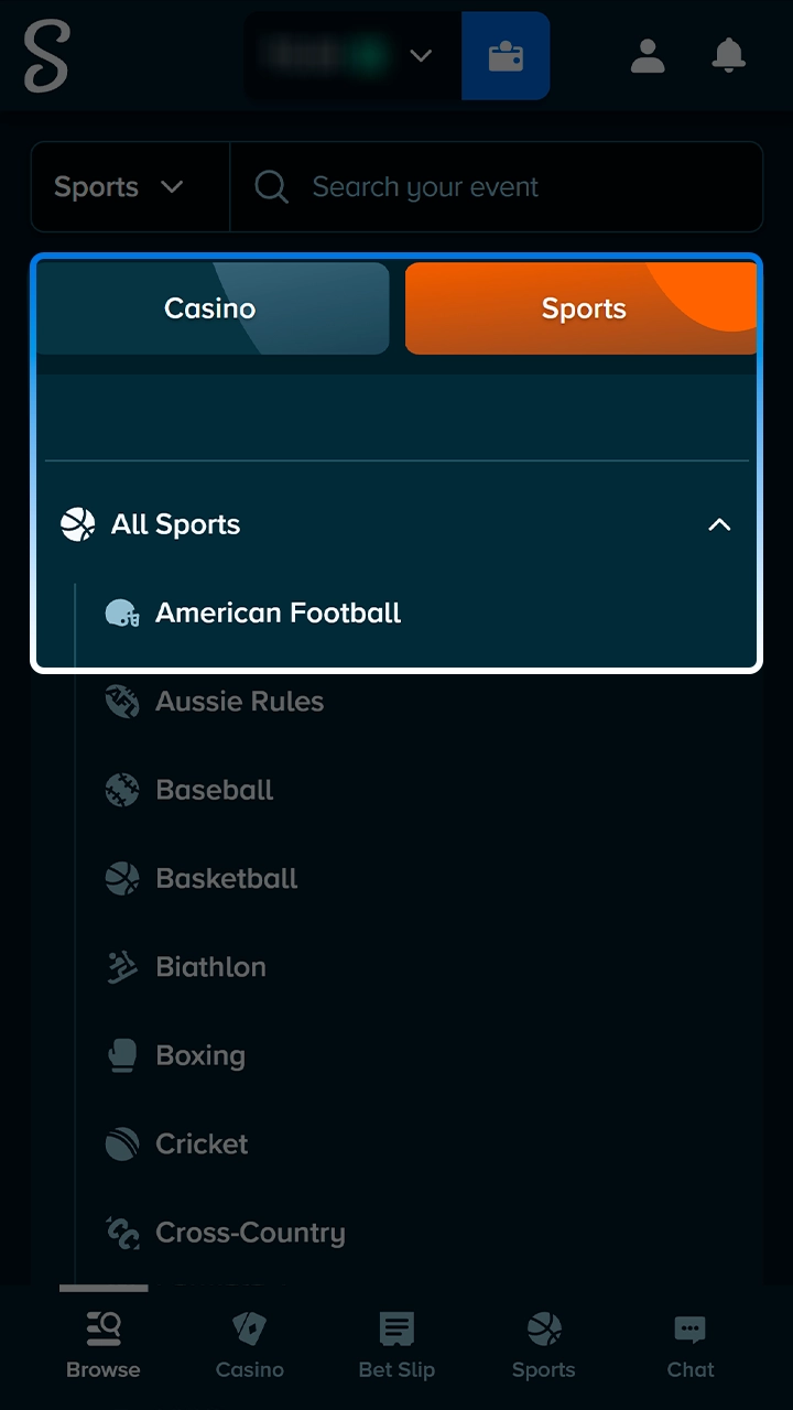 Accessing the American football sports category on Stake.