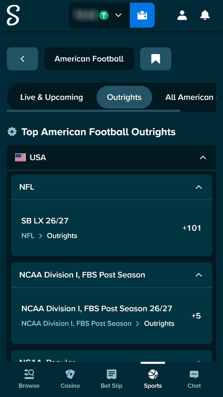 Choosing an American football match to bet on Stake.
