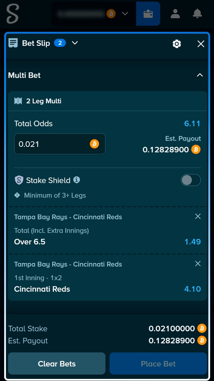 Finalizing your baseball wager on the Stake platform.
