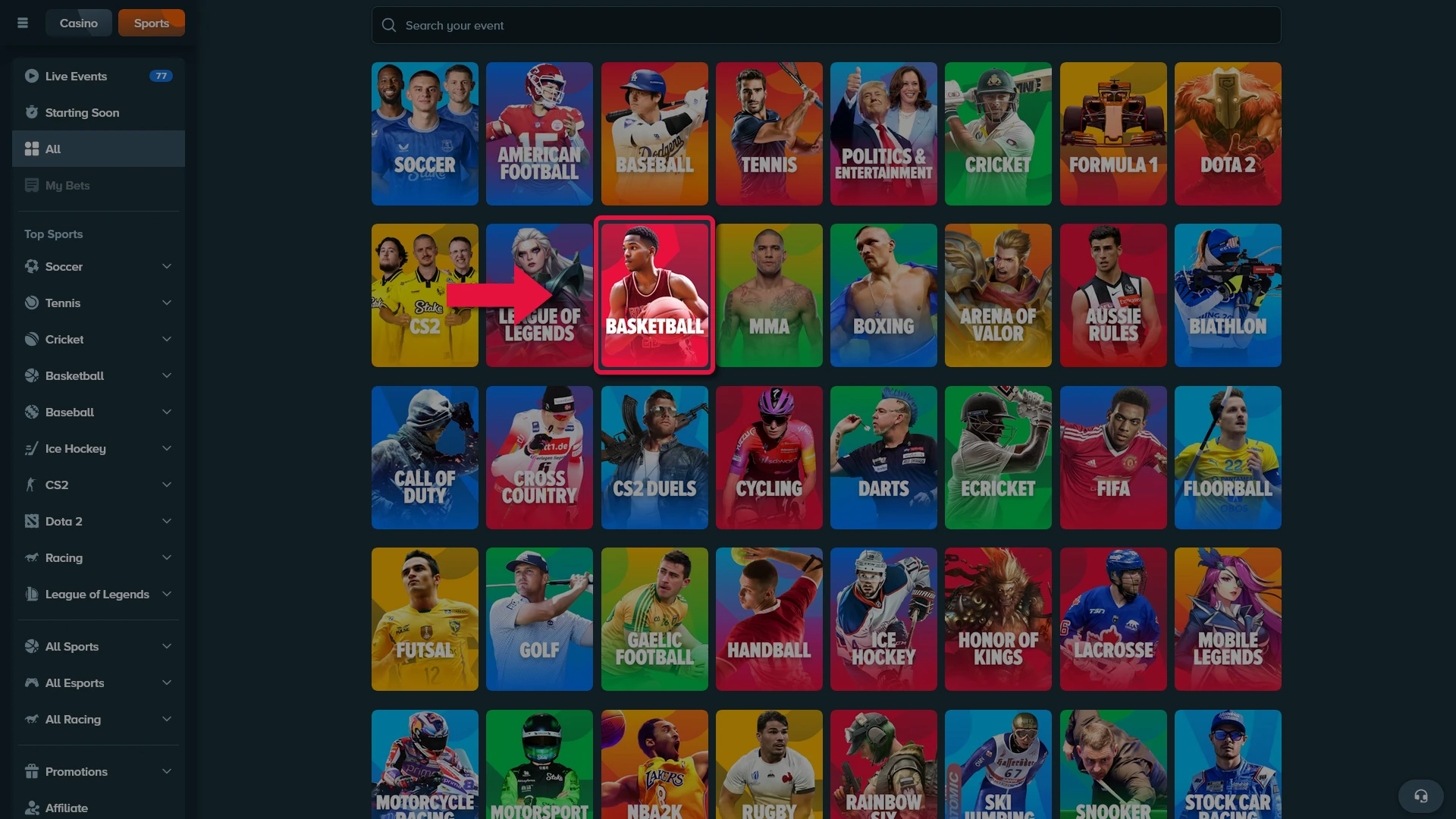Navigate to basketball section on Stake to find available matches.