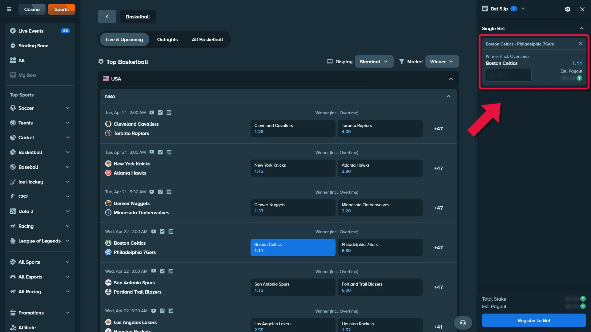 Enter your stake and confirm your basketball bet at Stake.