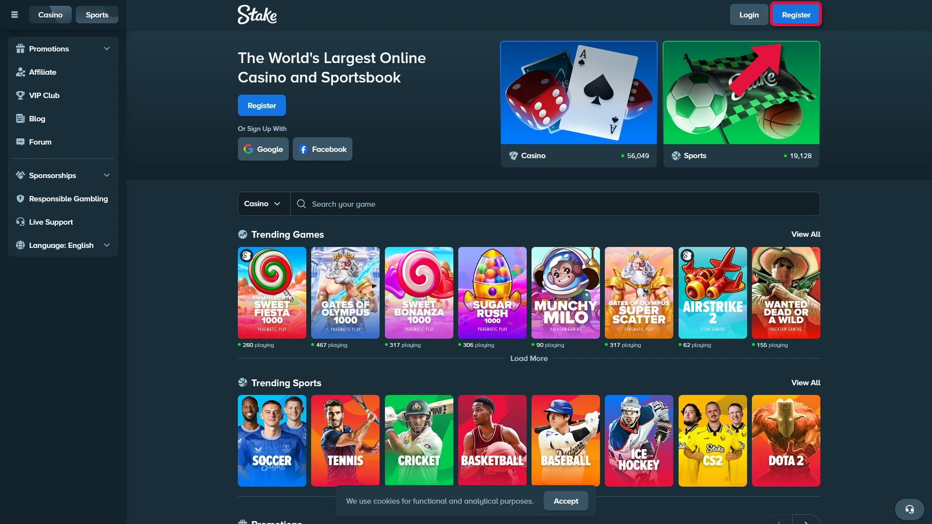 Create Your Account on the Stake platform to begin cricket betting.