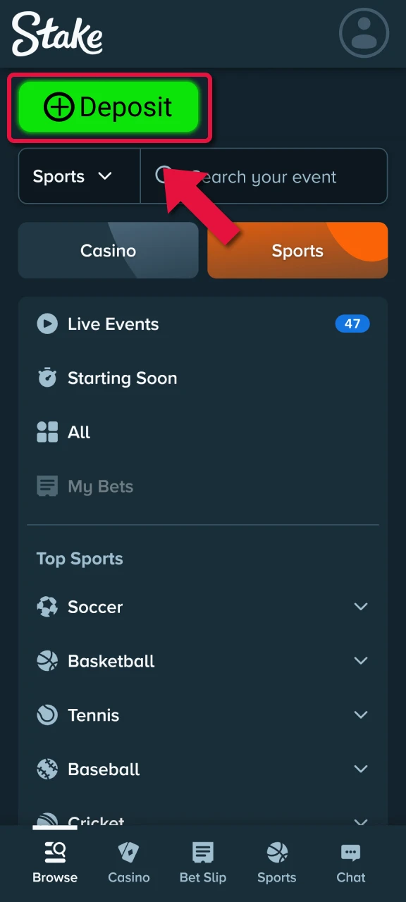 Deposit funds through the mobile app for Stake E-Sports wagering.