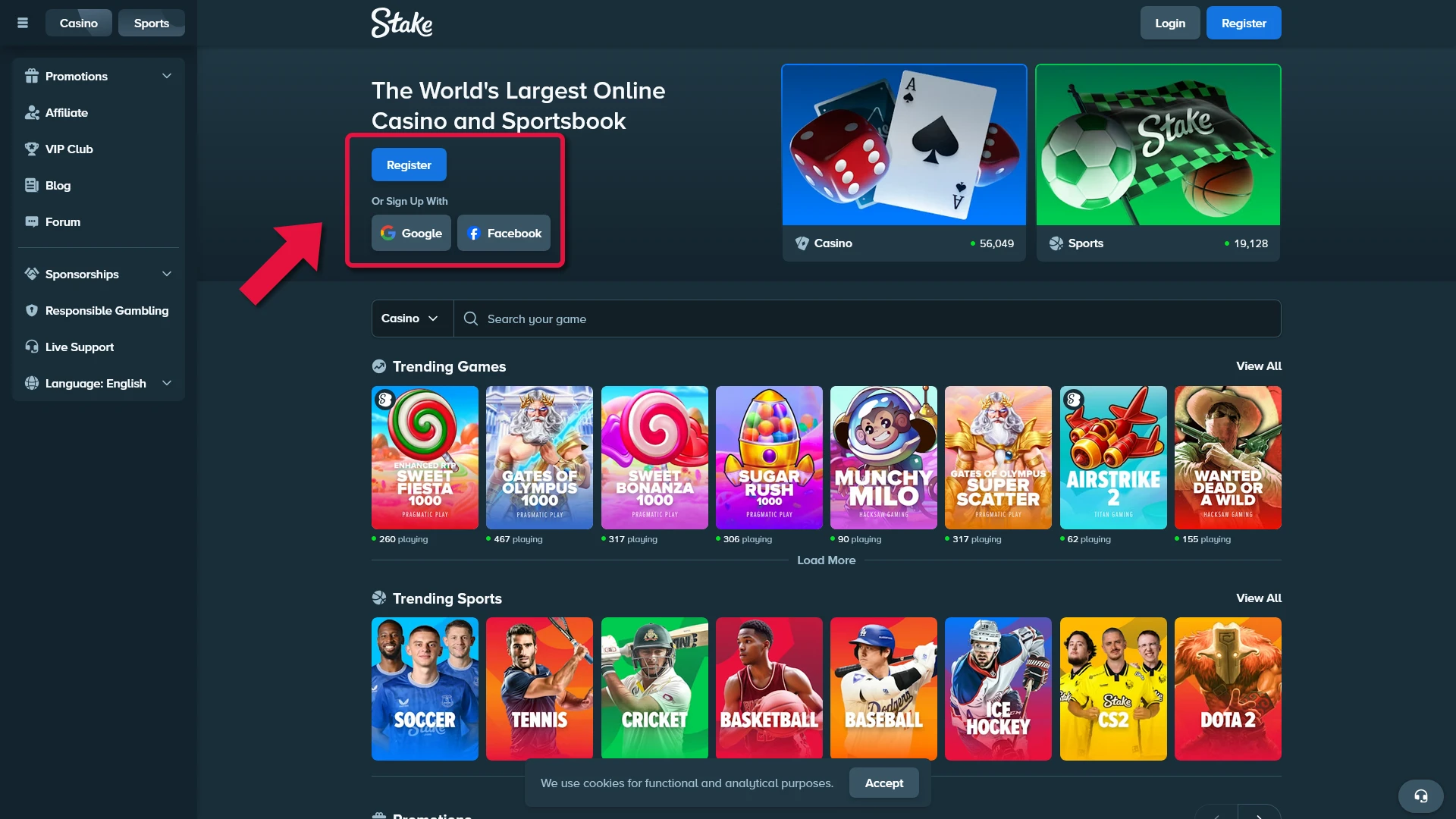 Click the Stake registration button to begin your football betting experience.