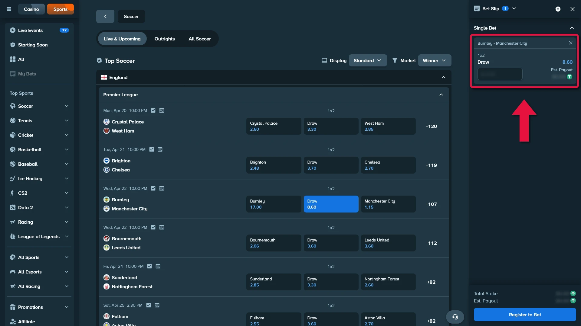 Place your football bet on Stake and enjoy the competitive odds.