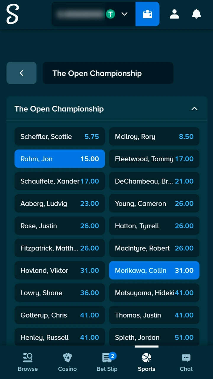 Selecting specific golf betting markets on the Stake site.