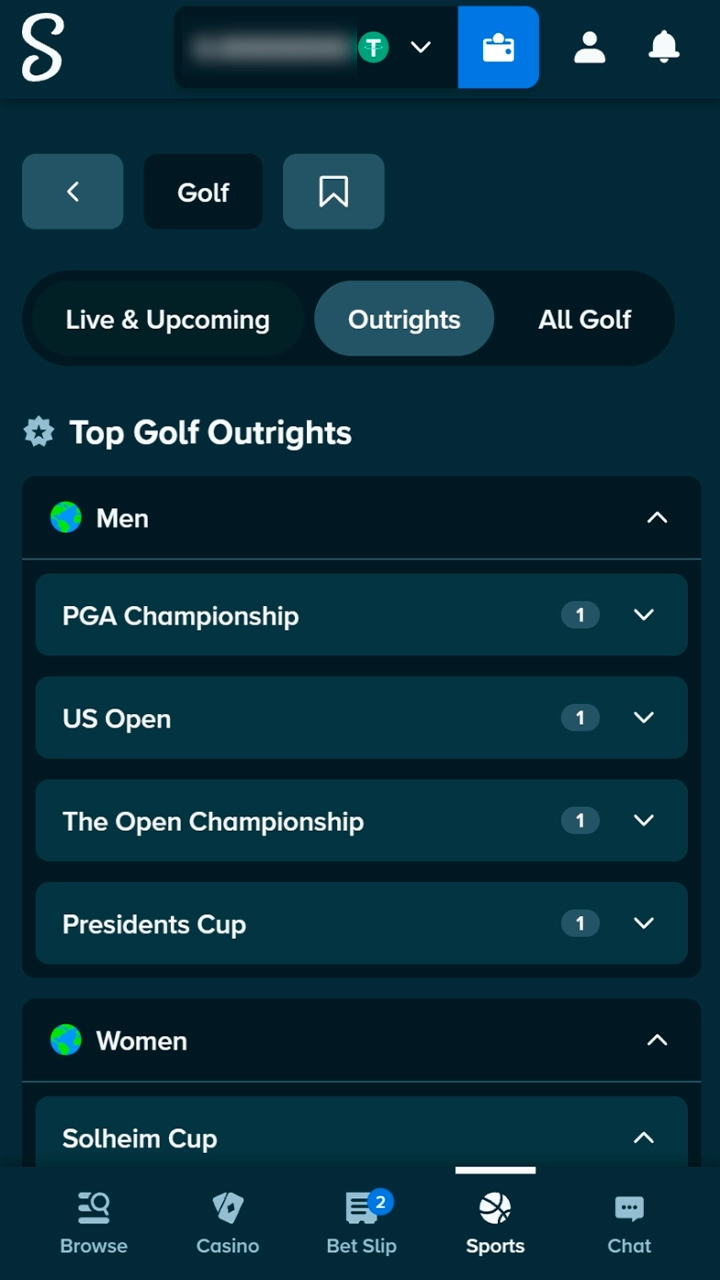 Accessing the dedicated golf sportsbook section on Stake.