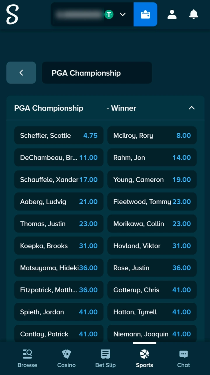 Choosing from various international golf tournaments at Stake.