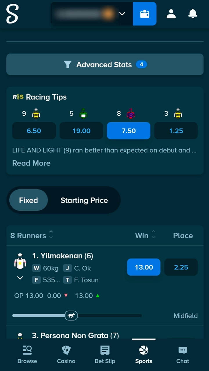 Choosing diverse betting markets for racing at Stake.