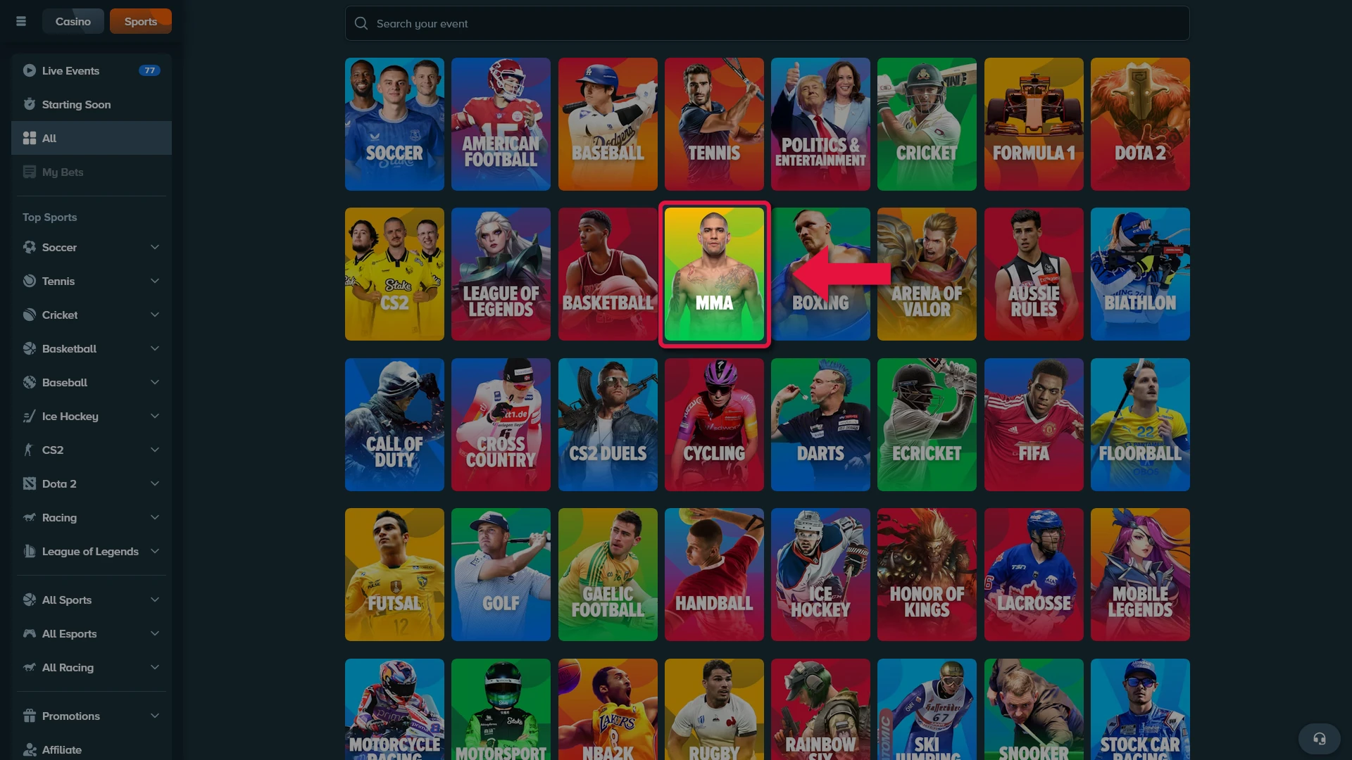 Find the dedicated MMA section at Stake to explore upcoming high-profile fights.