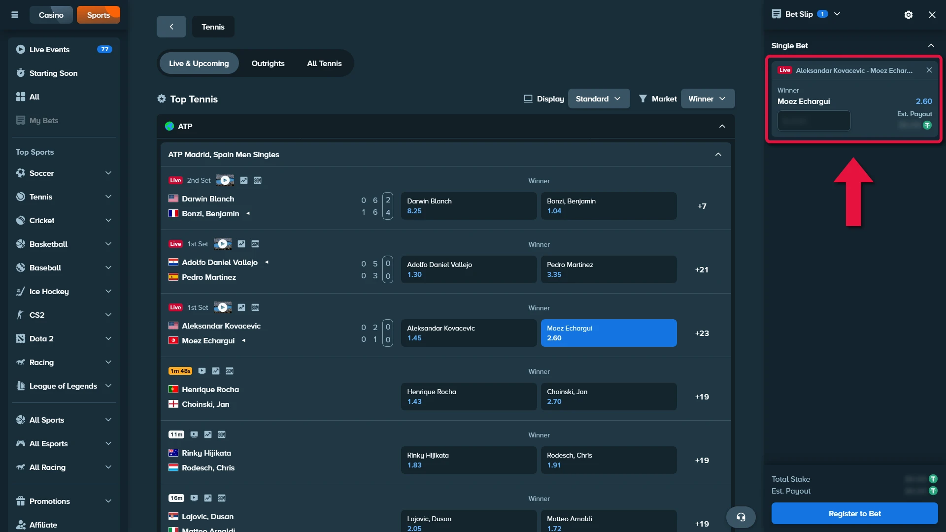 Confirm your tennis bet at Stake to win real money.