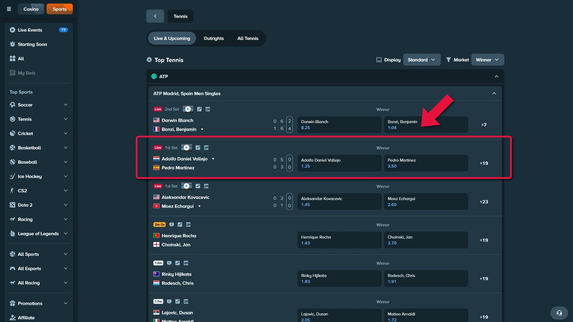 Select a tennis match at Stake and analyze the odds before betting.