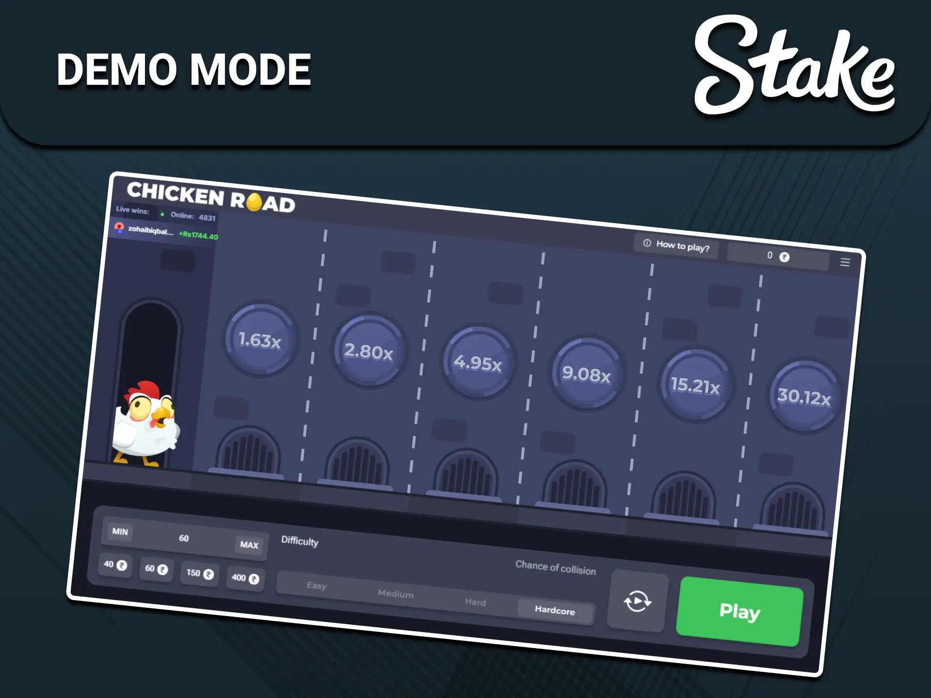Try the free demo mode on the official Stake Chicken Road platform.