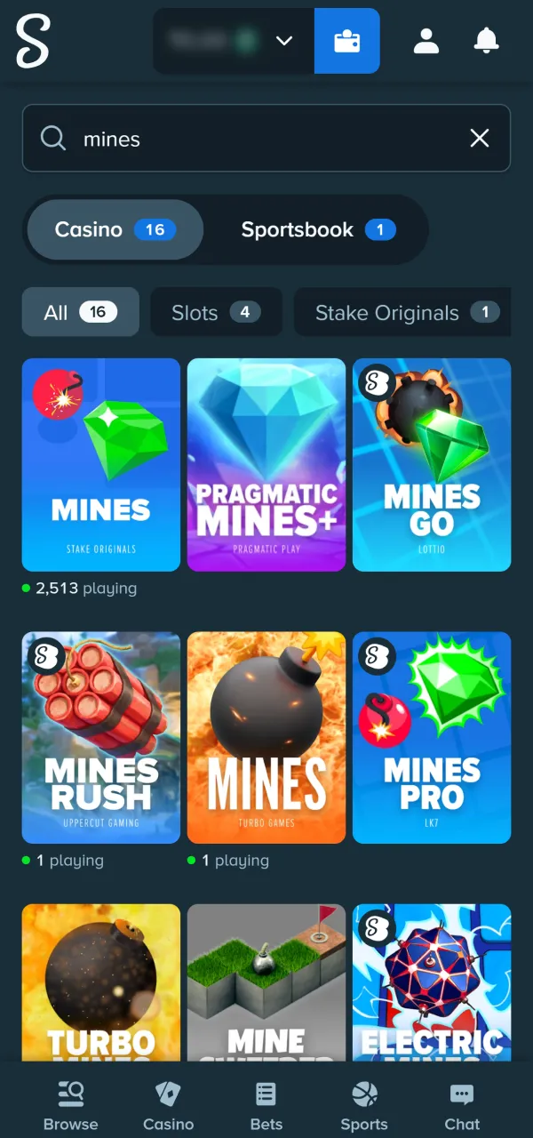 Find the game section to locate the popular Stake mines.