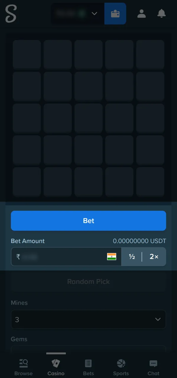 Place your bet amount to play the exciting Stake mines.