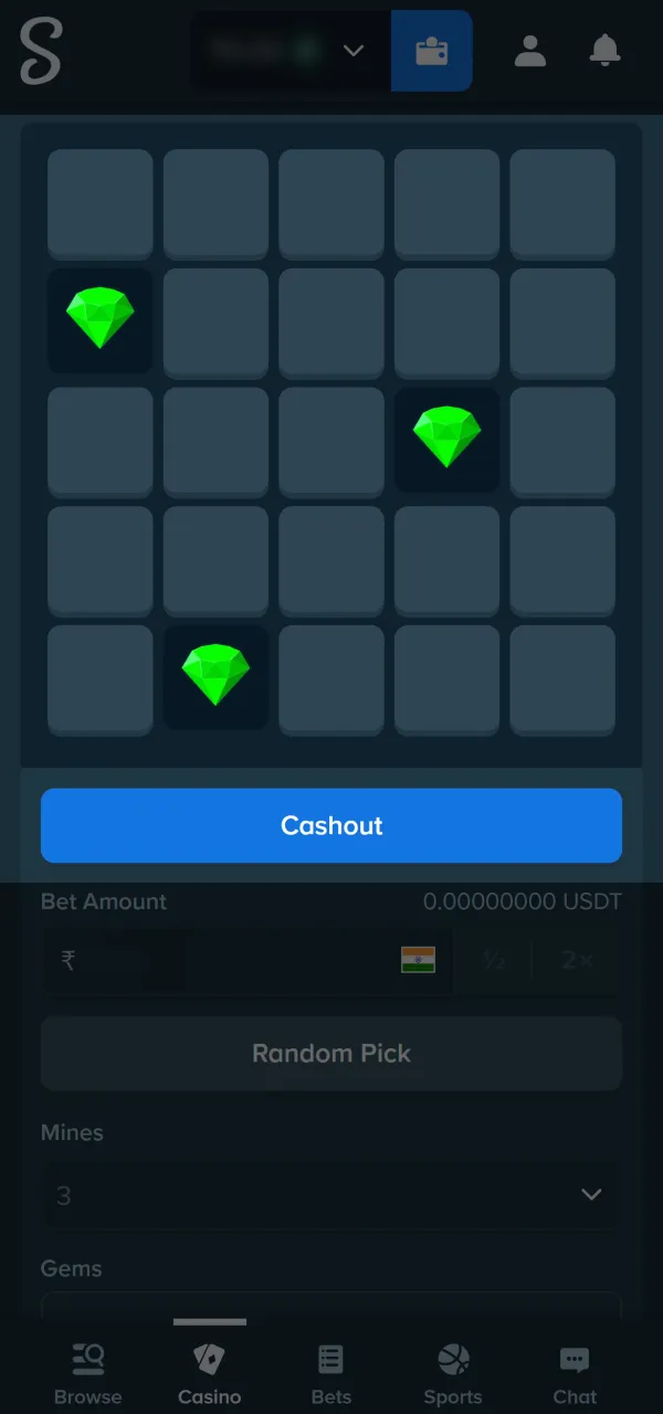 Start the game round to uncover tiles in Stake mines.