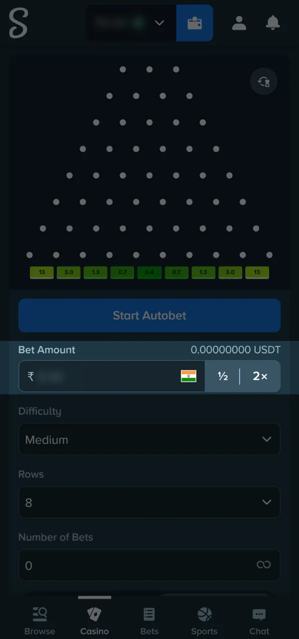 Choose your amount to place a bet in Stake plinko.