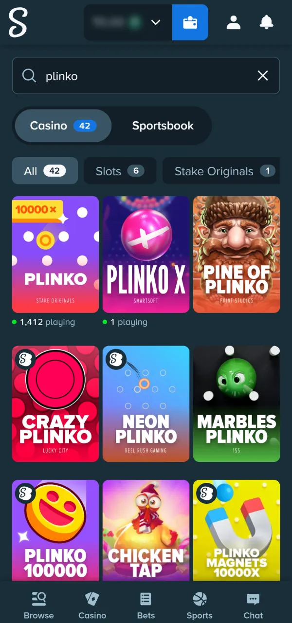 Open the game section to start a new Stake plinko round.